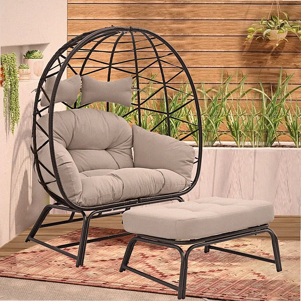 2 Persons Egg Chair Patio Wicker Oversized Lounger w/Stand Cushions Patio Chair