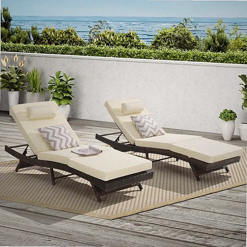 2PCS Outdoor Wicker Long Reclining Chair Lawn Sunbathing Chairs Recliner to 150°