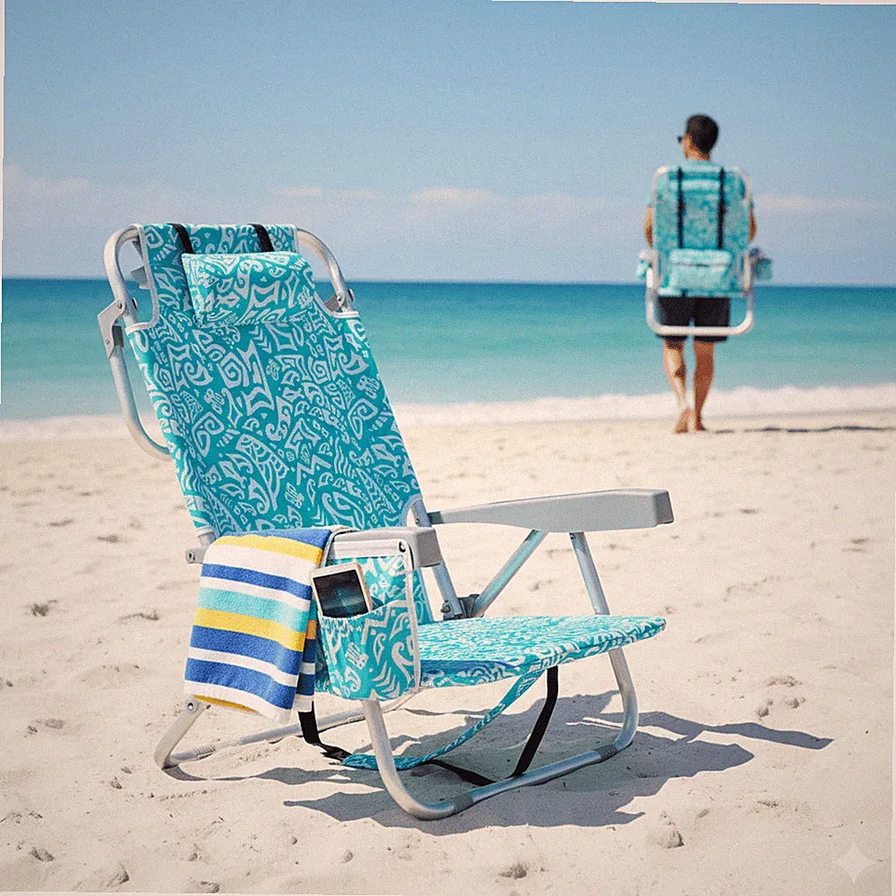 Aluminum Beach Chair 5Pos Recline Lay Flat Teal Blue Cooler Bag Backpack Strap