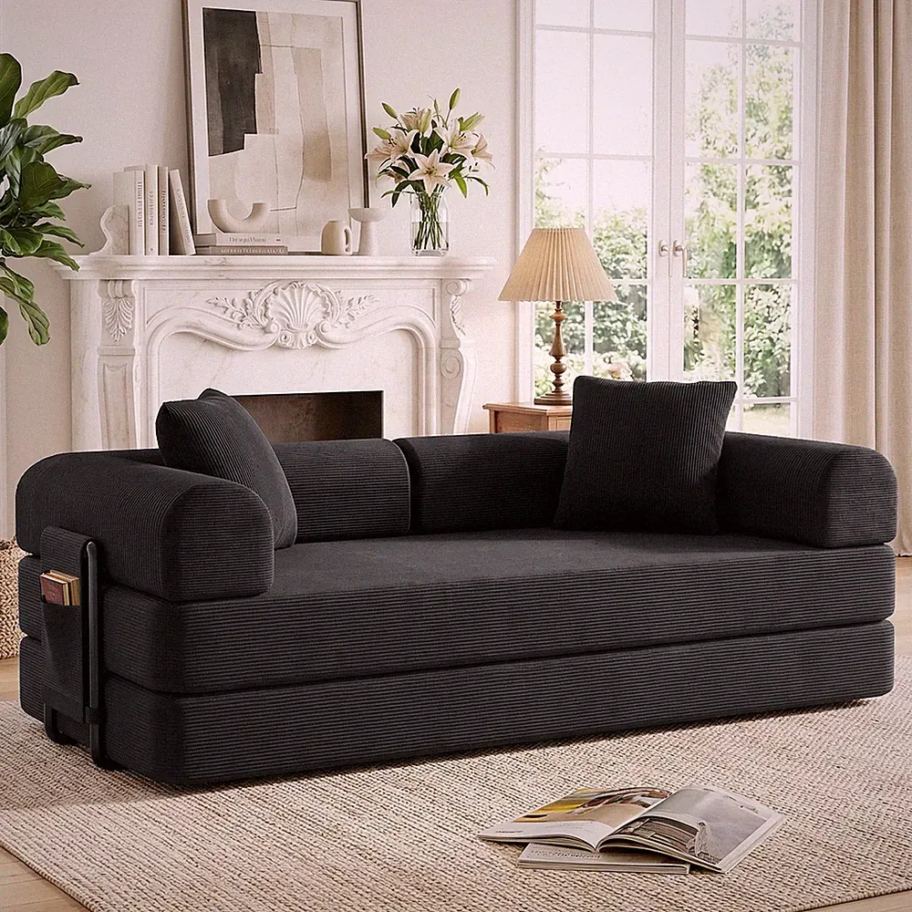 Convertible Sleeping Sofa Bed Lounge Chair with Side Pockets, Frame, Washable