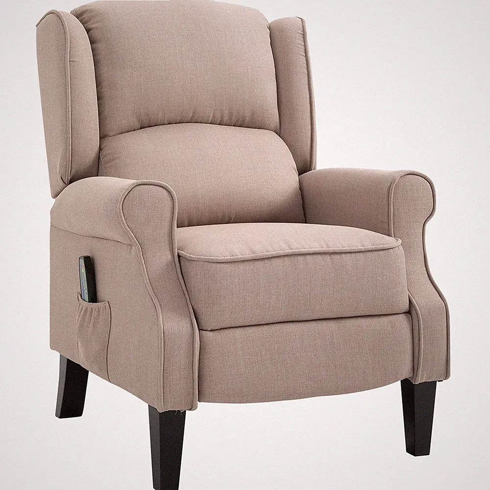 Stylish Wingback Recliner with Footrest, Massage, Heat, Linen Look