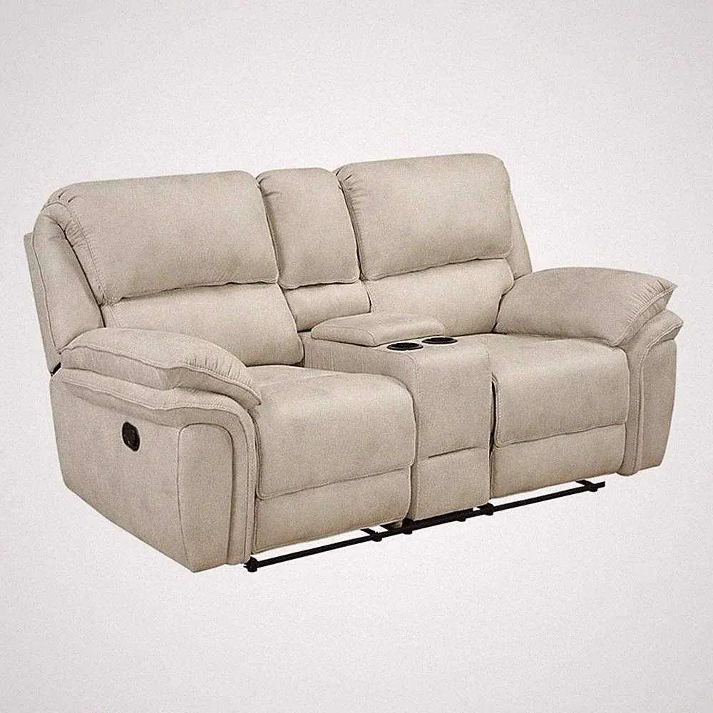 Pemberly Row Microfiber Double Reclining Loveseat with Console 600 lbs in Sand