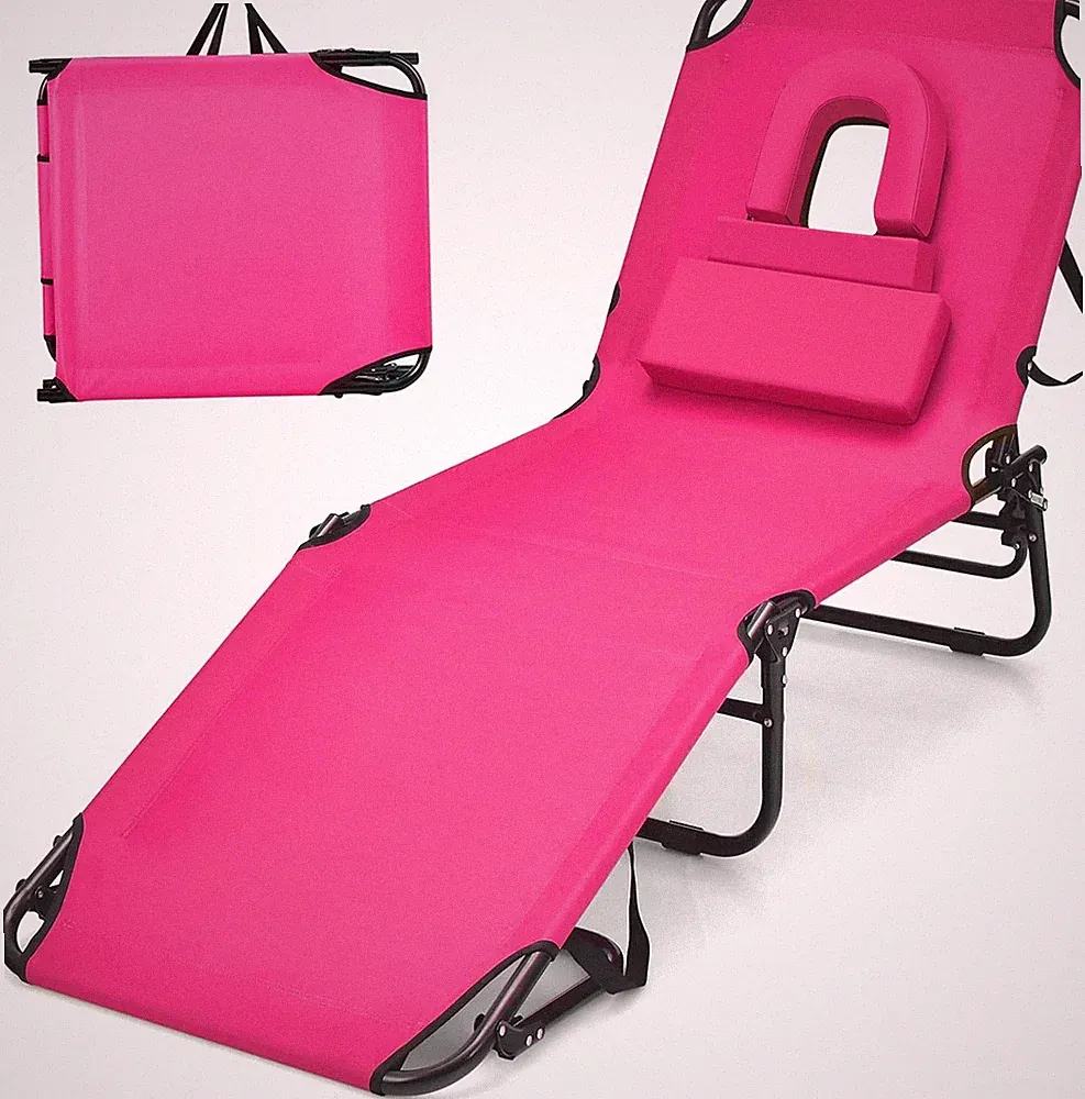 Pink Portable Folding Chaise Lounge Chair with Face Hole & 5 Positions