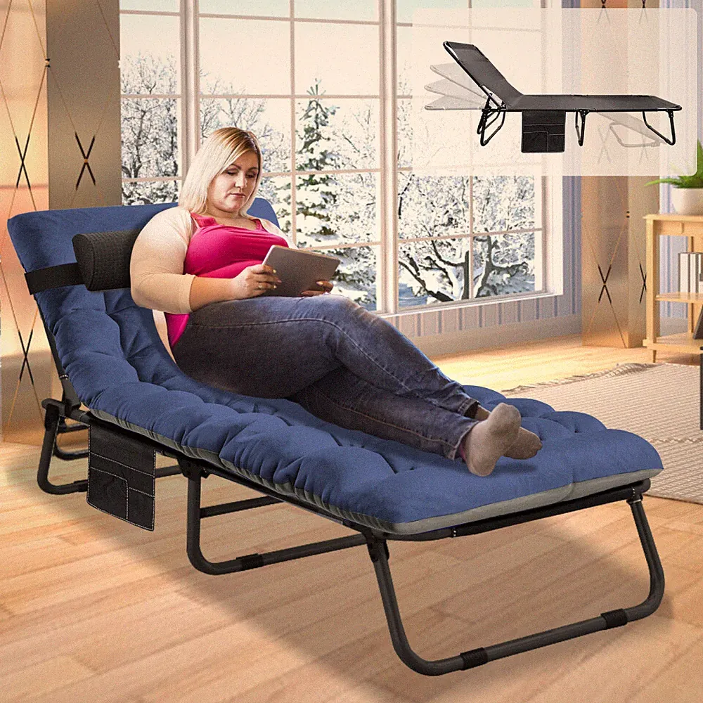 Slsy Folding Camping Cot 4-Position Outdoor Chaise Lounge Gray Pad Side Pockage