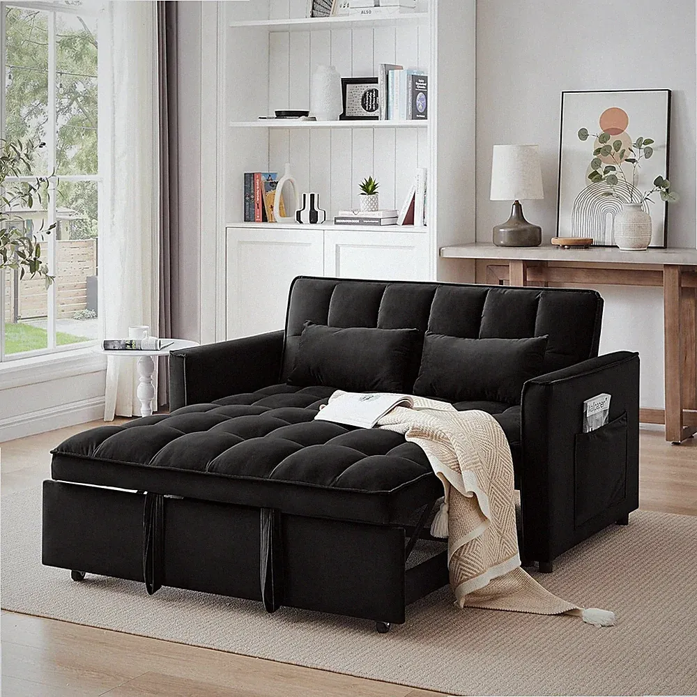 Stylish 3-in-1 Black Velvet Convertible Sleeper Sofa with Adjustable Backrest